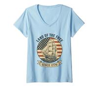 Donna Land of the Free Since 1776 Patriotic Vintage Nave Bandiera USA Maglietta con Collo a V
