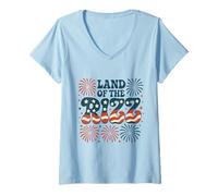 Donna Land of the Rizz Vintage USA Groovy 4 luglio Fuochi d"artificio Maglietta con Collo a V