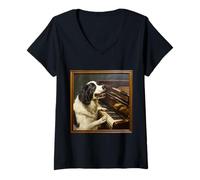 Donna Landseer Piano Dog Maglietta con Collo a V