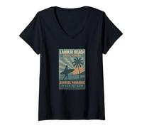 Donna Lanikai - Camicia da spiaggia Sunrise Paradise Surfer Oahu Hawaii Maglietta con Collo a V
