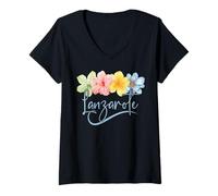 Donna Lanzarote Fiori Isole Canarie Spagna Floreale Vacanza Maglietta con Collo a V