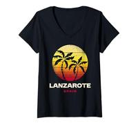 Donna Lanzarote Retro Palm Tramonto Spiaggia Tropicale Maglietta con Collo a V