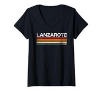 Donna Lanzarote Spagna Retro Palm Tramonto Spiaggia Tropicale Maglietta con Collo a V