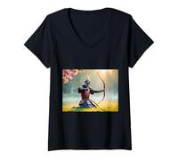 Donna L'arciere samurai si inginocchia all'alba, mirando con l'arco Yumi Maglietta con Collo a V