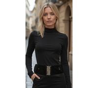 Donna Largo Nero Elastico Cintura Paillettes Metallo Argento Bamboo Fibbia S M