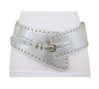 Donna Largo Western Argento Moda Ecopelle Fascia Elastica Cintura Oro Borchie XS