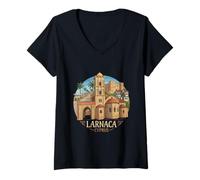 Donna Larnaca Cipro Viaggio Souvenir Città Landmark Gift Maglietta con Collo a V