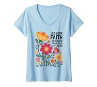 Donna Lascia che la tua fede sia più grande della paura Retro Flower Religious Maglietta con Collo a V