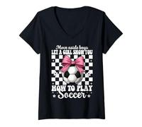 Donna Lascia Che Una Ragazza Ti Mostri Come Giocare a Calcio Coquette Bow Rosa Maglietta con Collo a V