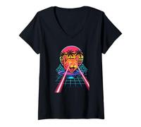 Donna Laser Cat Eyes UFO Funny Anni '80 Amante dei Gatti Maglietta con Collo a V