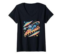 Donna Laser Eyes Pizza Surfer Cat Retro Vaporwave Space Maglietta con Collo a V