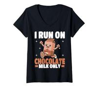 Donna Latte al Cioccolato Kawaii I Run On Chocolate Milk Maglietta con Collo a V