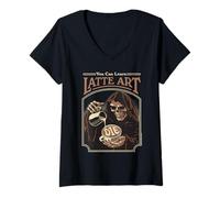 Donna Latte Art Coffee Grim Reaper Retro Vintage Funny Adult Humor Maglietta con Collo a V