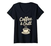Donna Latte Espresso Cappuccino per Amanti del caffè «Coffee & Chill» Maglietta con Collo a V