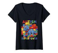 Donna L'autismo carino è il mio dinosauro superpotente per la consapevolezza dell'autismo Maglietta con Collo a V