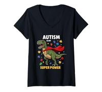 Donna L'autismo carino è il mio dinosauro superpotente per la consapevolezza dell'autismo Maglietta con Collo a V