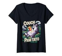 Donna Lazy Cat Couch Pawtato Patatine Chips Gattino Maglietta con Collo a V