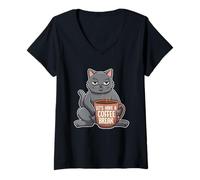 Donna Lazy Cat Pausa Caffè Divertente Mattina Umore Amante Caffeina Maglietta con Collo a V