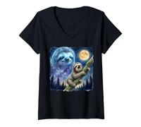 Donna Lazy Sloth Climbing Tree Branch Moon Night Sky Animal Art Maglietta con Collo a V