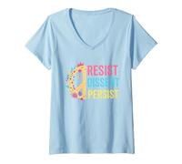 Donna le donne resistono al dissenso persistere femminista Protesta Pace floreale Maglietta con Collo a V