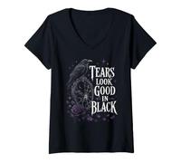 Donna Le Lacrime sembrano Buone in Black Raven Gothic Emo Maglietta con Collo a V