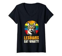 Donna Le lesbiche mangiano cosa - Divertente gioco di parole Gay Pride Mese LGBTQ Maglietta con Collo a V