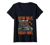 Donna Le passeggiate nella natura sono migliori con le zampe fangose che fanno escursioni con il cane Maglietta con Collo a V