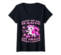 Donna Le Ragazze di Prima elementare Sono magiche - Rainbow Unicorn Vibes Maglietta con Collo a V