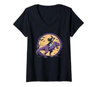 Donna Le Scope Sono per Dilettanti Streghe Equitazione Dinosauro Strega Halloween Maglietta con Collo a V