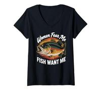Donna Leggenda della pesca retrò Love Me Fish Fear Me Maglietta con Collo a V
