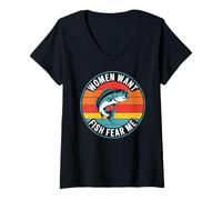 Donna Leggenda della pesca retrò Love Me Fish Fear Me Maglietta con Collo a V