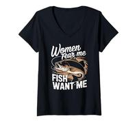 Donna Leggenda della pesca retrò Love Me Fish Fear Me Maglietta con Collo a V