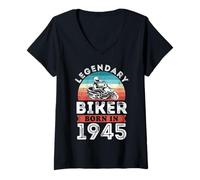 Donna Leggendario Biker Nato nel 1945, 80° Compleanno Uomo Maglietta con Collo a V