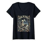 Donna Leggi in Pace Scheletro Lettura Insegnante Halloween Book Lover Maglietta con Collo a V