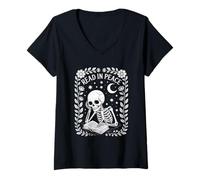 Donna Leggi in Pace Skeleton Book Reader Halloween Bookworm Maglietta con Collo a V