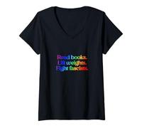 Donna Leggi Libri. Sollevare Pesi. Combatti i fascisti. LGBTQ+ Maglietta con Collo a V