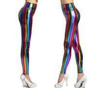 Donna Leggings in Ecopelle Arcobaleno a Righe Lucido Fitness Pantaloni Casual