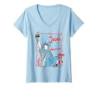 Donna Lei ama Gesù e anche l'America Statua della Libertà 4 luglio Maglietta con Collo a V