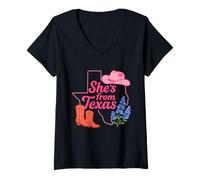 Donna Lei è di Texas, Wildflower Bluebonnet Texas Love, Stivali Maglietta con Collo a V