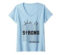 Donna Lei è Forte Uomini e Donne cristiani grati grati Maglietta con Collo a V