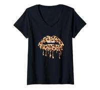 Donna Leo Bocca Lip Bite Cool Leopard Print Kiss Me Cheetah Leo Maglietta con Collo a V