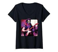 Donna Leonardo da Vinci Vampiro Suonare Chitarra Arte Goth Alt Music Maglietta con Collo a V