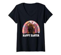 Donna Leonberger Dog Easter Bunny Eggs Hunting Boho Rainbow Maglietta con Collo a V