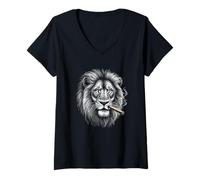 Donna Leone Fumare, Divertente Boss Edgy Ironico Ribelle Punk Nero Maglietta con Collo a V