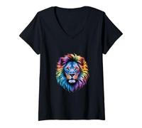 Donna Leone impositivo con colori arcobaleno Maglietta con Collo a V