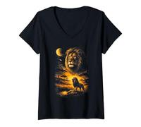 Donna Leone Savana Notte Luna Celeste Streak Fauna Selvatica Maglietta con Collo a V
