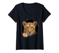Donna Leonessa Breaking Through Torn Hole Wild Cat Grafica Maglietta con Collo a V