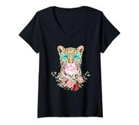 Donna Leopard Blowing Bubblegum Floral Aesthetic Big Cat Maglietta con Collo a V
