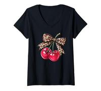 Donna Leopard Bow Ciliegie Retro Estetica Frutta Rockabilly Donne Maglietta con Collo a V