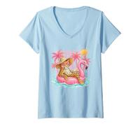 Donna Leopard Flamingo Galleggiante Piscina Vacanza Chill Maglietta con Collo a V